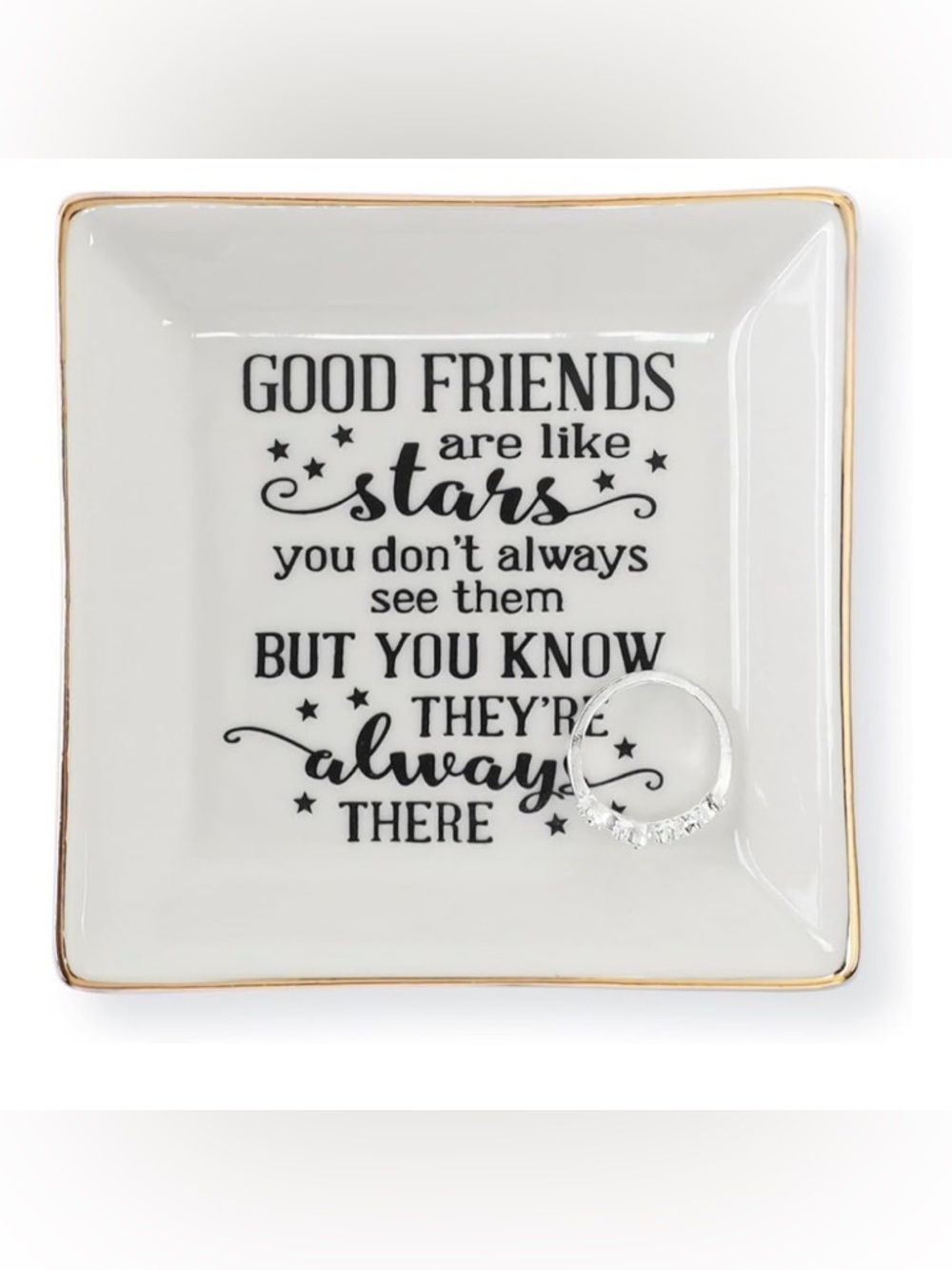 NIB White Gold-Trim Ceramic Trinket Dish with 'Good Friends' Quote